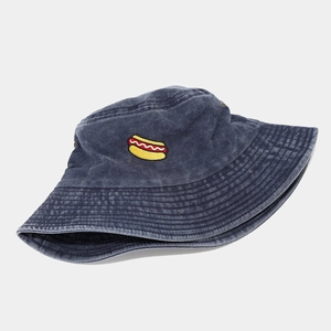 Vintage washed navy blue bucket hat with hot dog embroidery for outdoor casual style
