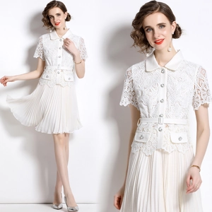 Damen Weißes Spitzen Midi Kleid Elegant Kurzarm Patchwork Plissee Umlegekragen Hohe Taille Mit Gürtel