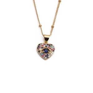 Golden heart necklace with evil eye pendant and colorful zircons for women
