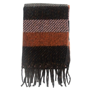 Detailed view of striped knit scarf with fringes in black, pink, and orange patterns
