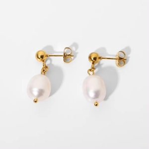 Elegant 18k gold plated stainless steel ginkgo leaf earrings with freshwater pearls