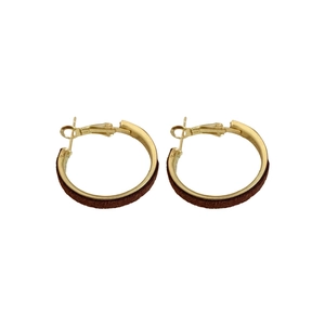 Retro round hoop earrings featuring brown velvet texture and gold-tone metal accents