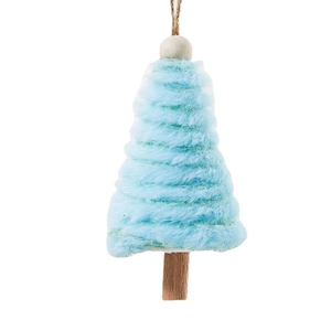Plush Christmas tree ornament with light blue yarn, wood base and white bead hanging detail