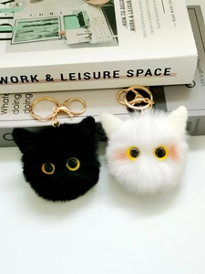 Cute Cartoon Plush Cat Ball Keychain Bag Pendant Large Eyes Faux Fur Fluffy Soft Key Ring Ornament Women Girls Accessory