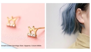 Miniature gold crown stud earrings with sparkling zircons, 0.6cm width detail