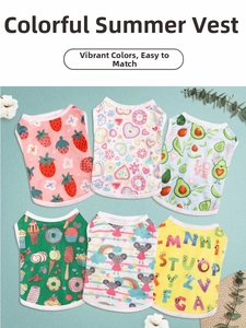 Detail view of various cute fruit and animal prints on summer pet dog cotton vests