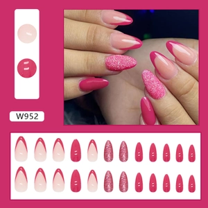 Deep rose and nude pink almond-shaped press-on nails with French tips and glitter