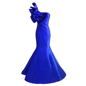 Elegant royal blue one-shoulder mermaid evening gown with ruffled neckline and satin finish