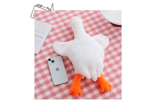 Cute white goose plush bag detail showing size comparison with a mobile phone