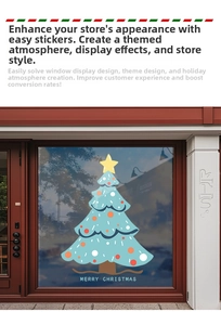 Blue Christmas tree window sticker with Merry Christmas text on a glass store display