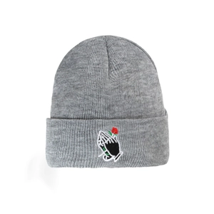 Gray knitted beanie hat featuring detailed hands holding a red rose embroidery detail