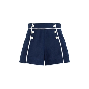 Detail view of navy high-waisted shorts with white buttons and nautical trim accents