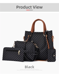 Detailed four-piece black PU leather handbag set with patterned tote and crossbody bag