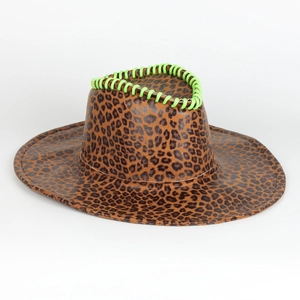 Fashionable leopard print western cowboy hat with neon green stitched edge trim