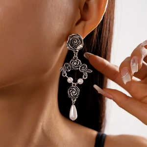 Vintage Rose Flower Long Drop Earrings Alloy Faux Artificial Pearl Teardrop Design With Silver Earring Post Victorian Style Women
