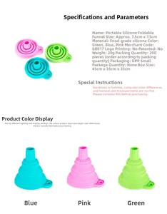 Detailed view of collapsible silicone kitchen funnels in blue, pink and green colors