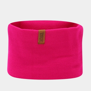 Close-up of rose red knitted headband with a brown leather IACUGGL brand tag
