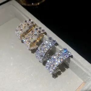 C-Shaped Hoop Earrings Double Row Square Zircon Copper Elegant Accessory With 925 Sterling Silver Earring Post For Women