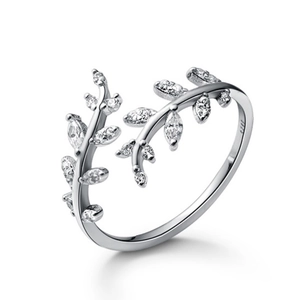 Leaf-shaped S925 sterling silver open ring with clear gemstones on white background