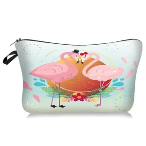 Detail view of flamingo print cosmetic bag with secure zipper and durable side handle
