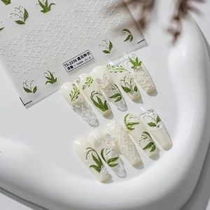 Lily Of The Valley 5D Stereoscopic Embossed Nail Art Stickers Green Leaf Floral Adhesive DIY Manicure Decals For Women