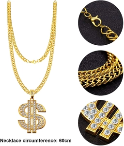 Detail view of a 60cm gold-plated double-layer necklace with iced out dollar sign pendant