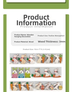 Detailed chart of wooden Easter ornaments including rabbit and egg shapes with dimensions