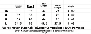 Size chart showing measurements for the puff sleeve blouse with bow detailing in centimeters