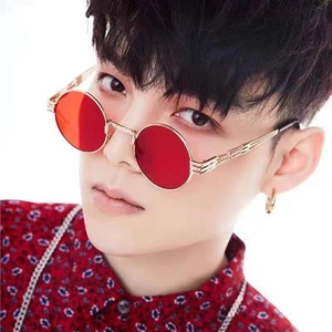 Steampunk round sunglasses with red lenses and gold metallic frames for men and women