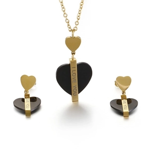 Parure de bijoux cœur doré et noir avec gravure I Love You sur le collier et les boucles d'oreilles