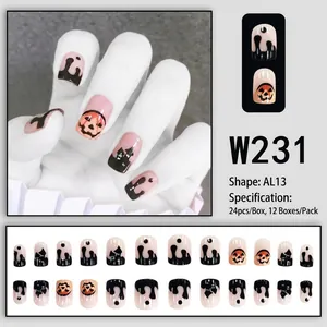 Halloween black pumpkin and castle theme press-on nails 24pcs set for women