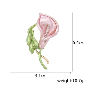 Pink and green enamel Calla Lily brooch with rhinestones, sized 5.4cm by 3.1cm