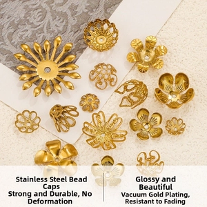 Detailed macro view of 18K gold-plated stainless steel flower petal bead caps for DIY jewelry