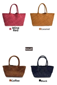 Close-up of small hand-woven suede tote bags in burgundy, tan, brown, and black colors