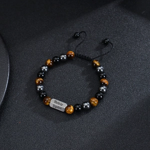 Customized stainless steel beaded bracelet with tiger eye stones and engraved nameplate