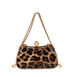 Fashionable leopard print handbag with pearl clasp and gold chain for women