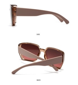 Detail view of wide frosted brown frame sunglasses from side and back angles