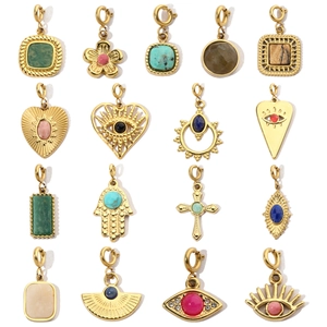 Stainless Steel Pendant Charms With Natural Stone Evil Eye Hamsa Hand Heart Cross For DIY Jewelry Making Vintage Bohemian