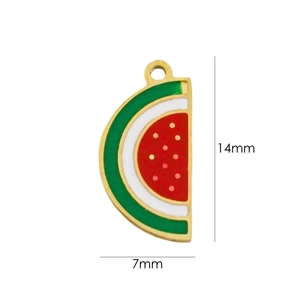 Detail showing 14mm watermelon slice charm with colorful enamel and gold metal base