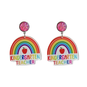 Orecchini in acrilico glitter rosa con arcobaleno e scritta Kindergarten Teacher