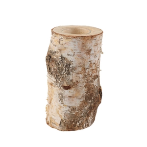 Natural birch wood candle holder with tree bark texture and glass cup for festive decor