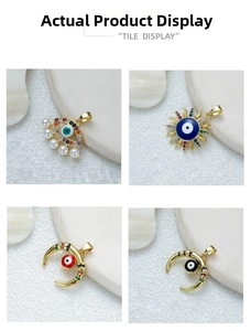 Detail display of evil eye charms with colorful zircon and pearls in gold finish