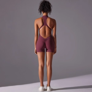 Deep burgundy backless yoga bodysuit featuring scrunch butt lifting detail and open back
