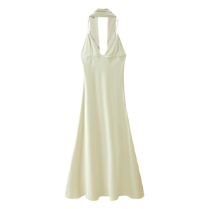 Champagne satin slip dress featuring an elegant neck scarf and A-line silhouette