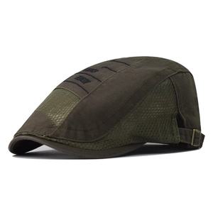Detail of dark olive green newsboy cap featuring breathable mesh and adjustable metal buckle