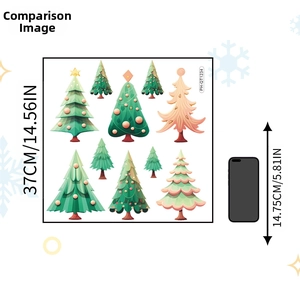 Detail view of colorful Christmas tree wall stickers with 37cm height scale and phone comparison