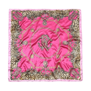 Pink leopard print square satin scarf featuring golden chain and baroque patterns