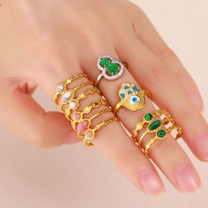 Vintage Stainless Steel Open Ring For Women Multi-layer Gold Plated Hamsa Hand Evil Eye Rhinestone Inlaid Adjustable Ring Jewelry