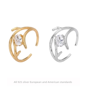 925 Sterling Silver Adjustable Branch Ring For Women Inlaid Oval Zirconia Twig Design Open Finger Ring Jewelry Gift