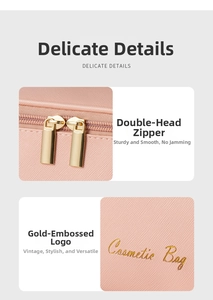 Detail of pink makeup bag with golden double zipper and elegant gold foil logo branding